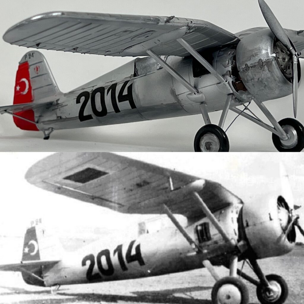 The model PZL P.24 2014 above the wartime photo of the real aircraft in the same pose