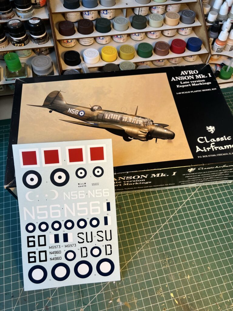 Classic Airframes Avro Anson Mk I box and decal sheet with Turkish markings