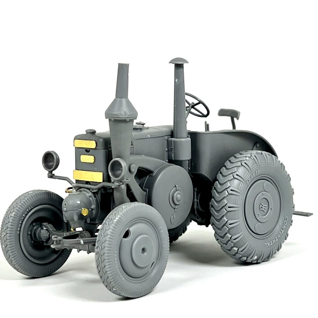 The Lanz Bulldog assembled in grey primer, front quarter