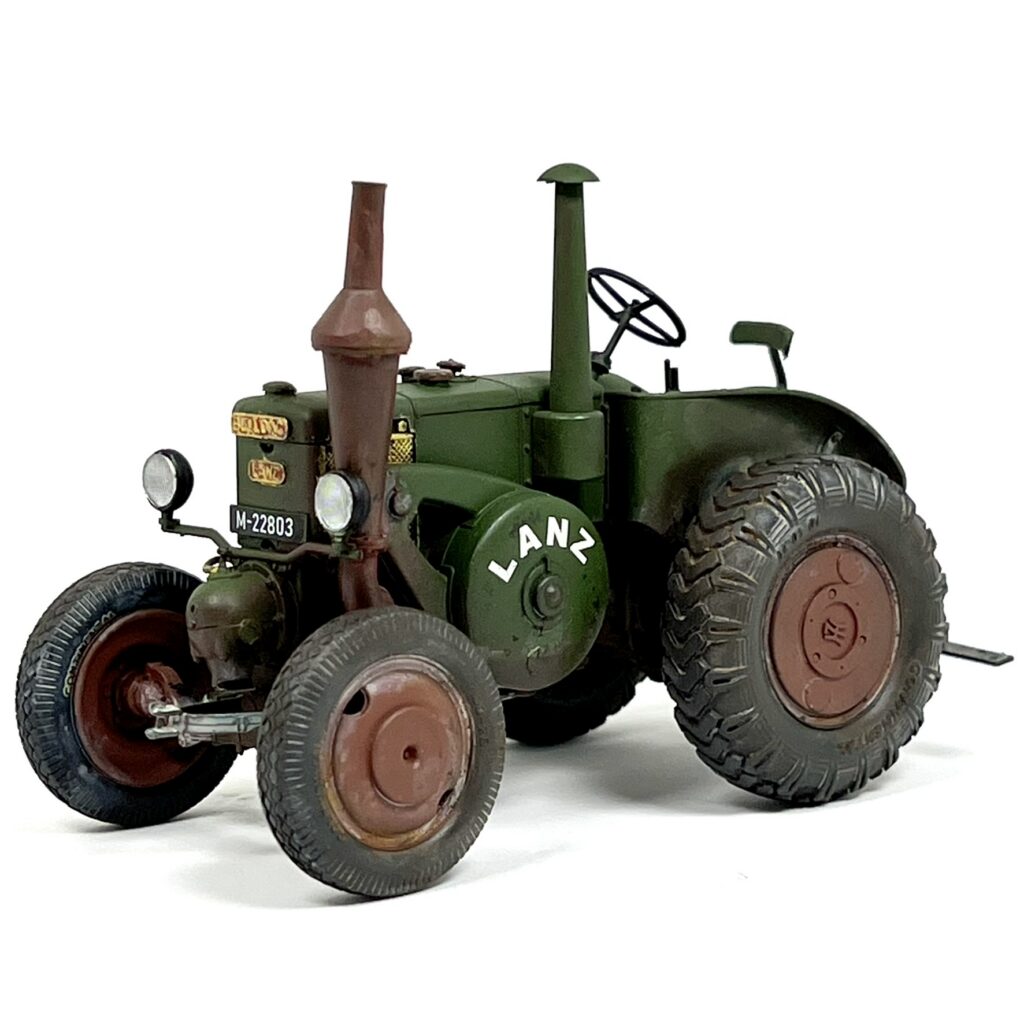 Front quarter view of the finished tractor