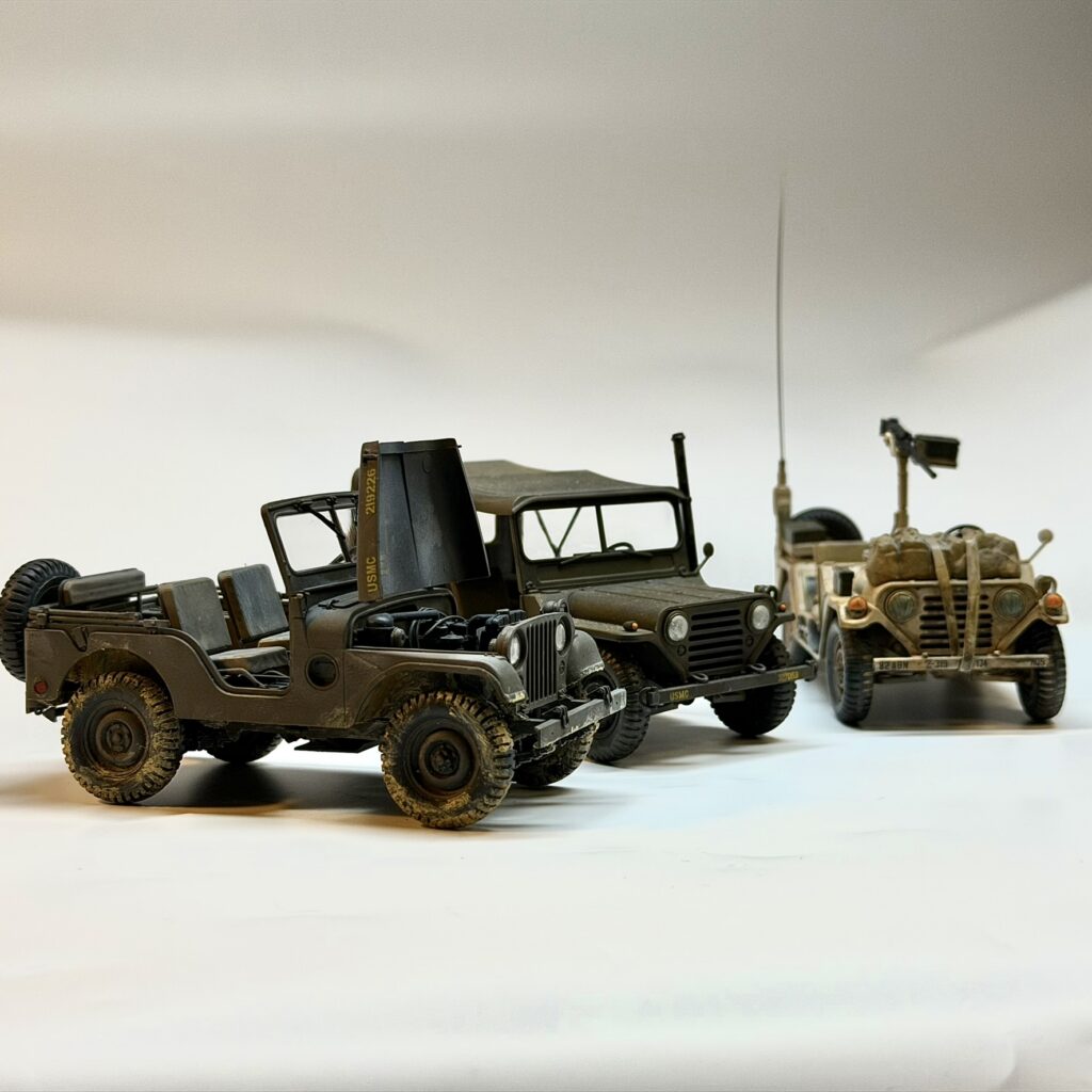 The M38A1, M151A1 and M151A2 models side by side