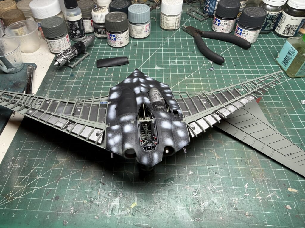 Airframe in black base coat with white mottling