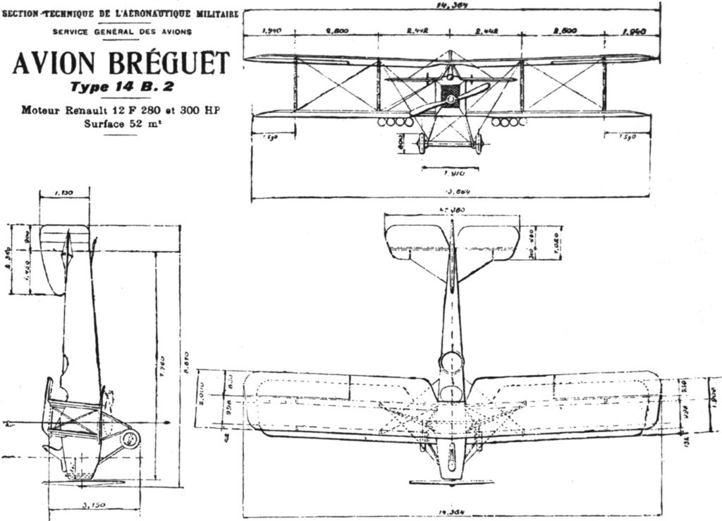 Three-view line drawing of the Breguet 14 B.2
