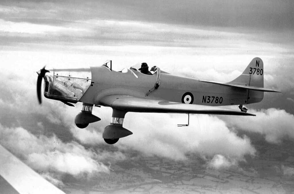 Royal Air Force Miles Magister N3780 in flight over Woodley, England