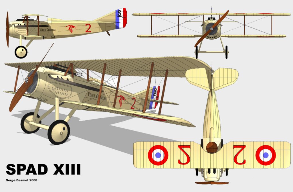 SPAD XIII avcı uçağı üst ön ve yan görünüş teknik çizimi